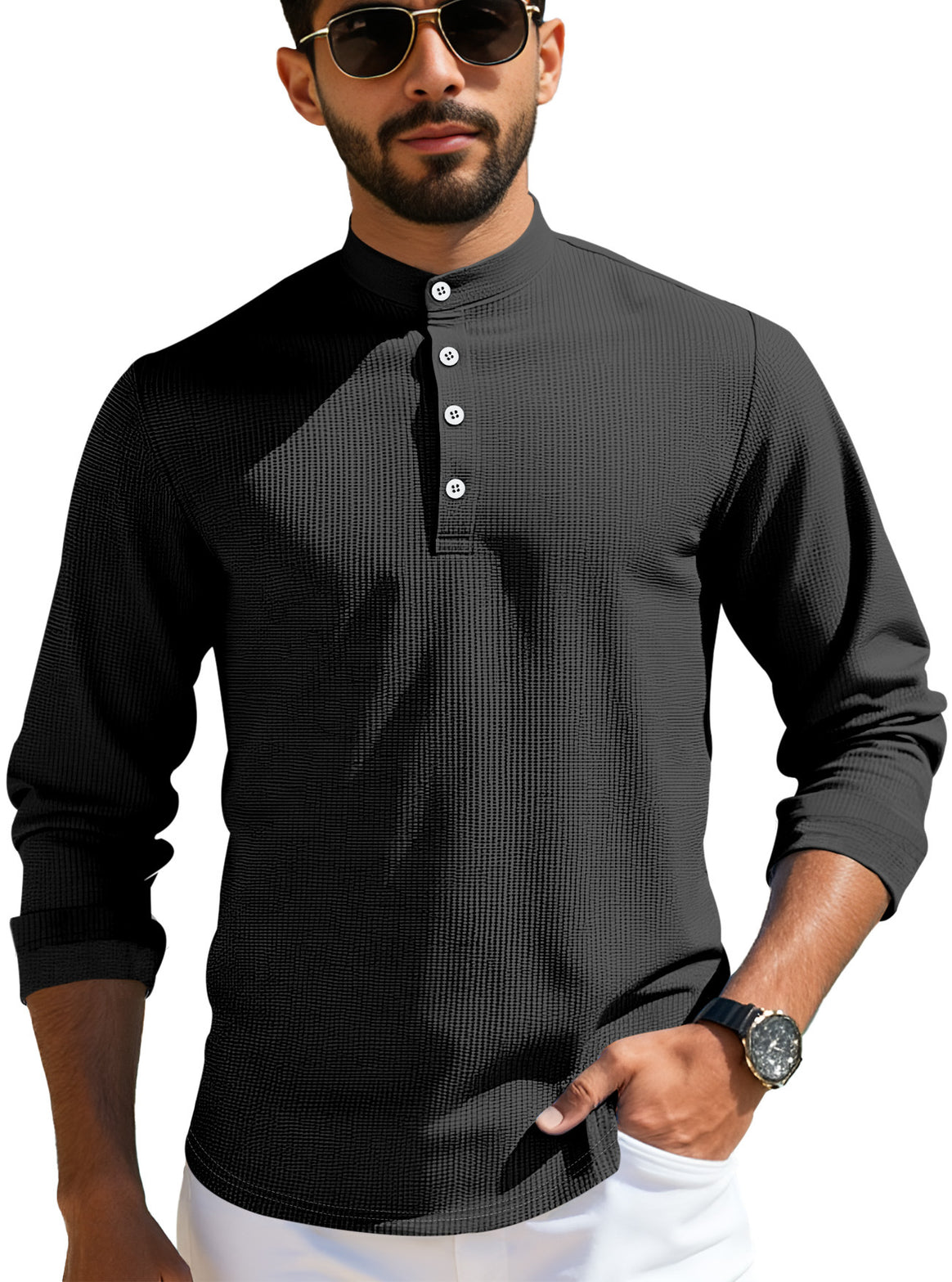 Men's structured long-sleeve henley with Nehru collar and tone-on-tone button placket Mune Fashion