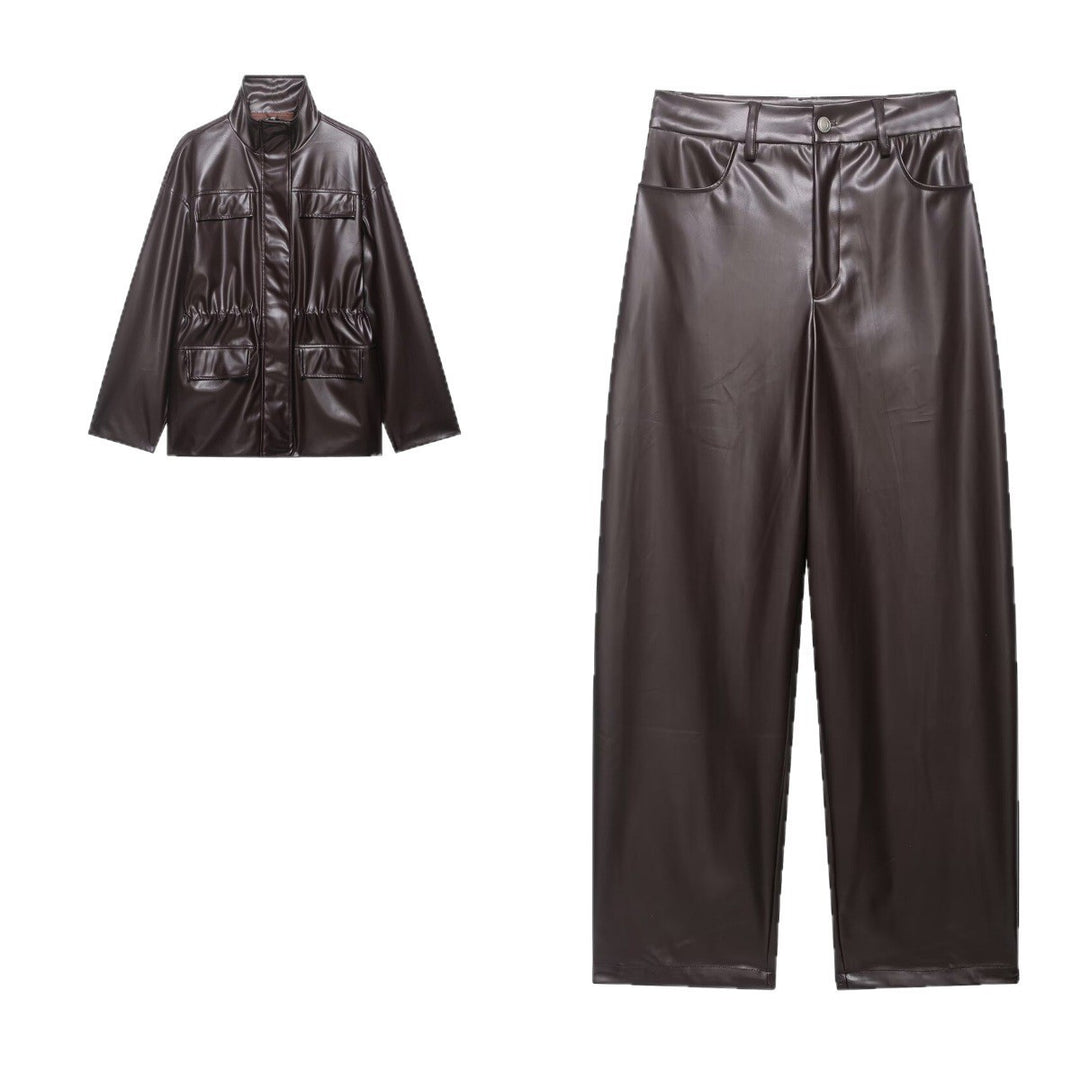 Women's Two-Piece PU Leather Ensemble with Field Jacket, Drawstring Waist and High-Waist Wide-Leg Pants Mune Fashion