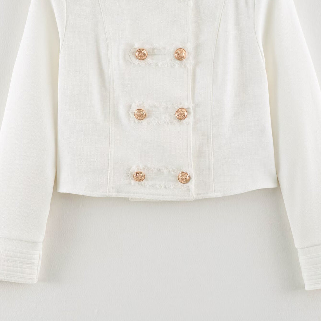 Ladies Short Cut Military Inspired Jacket with Stand-Up Collar and Decorative Button Placket Mune Fashion