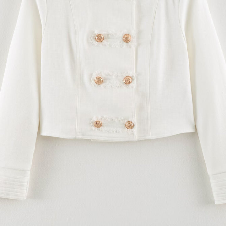 Ladies Short Cut Military Inspired Jacket with Stand-Up Collar and Decorative Button Placket Mune Fashion