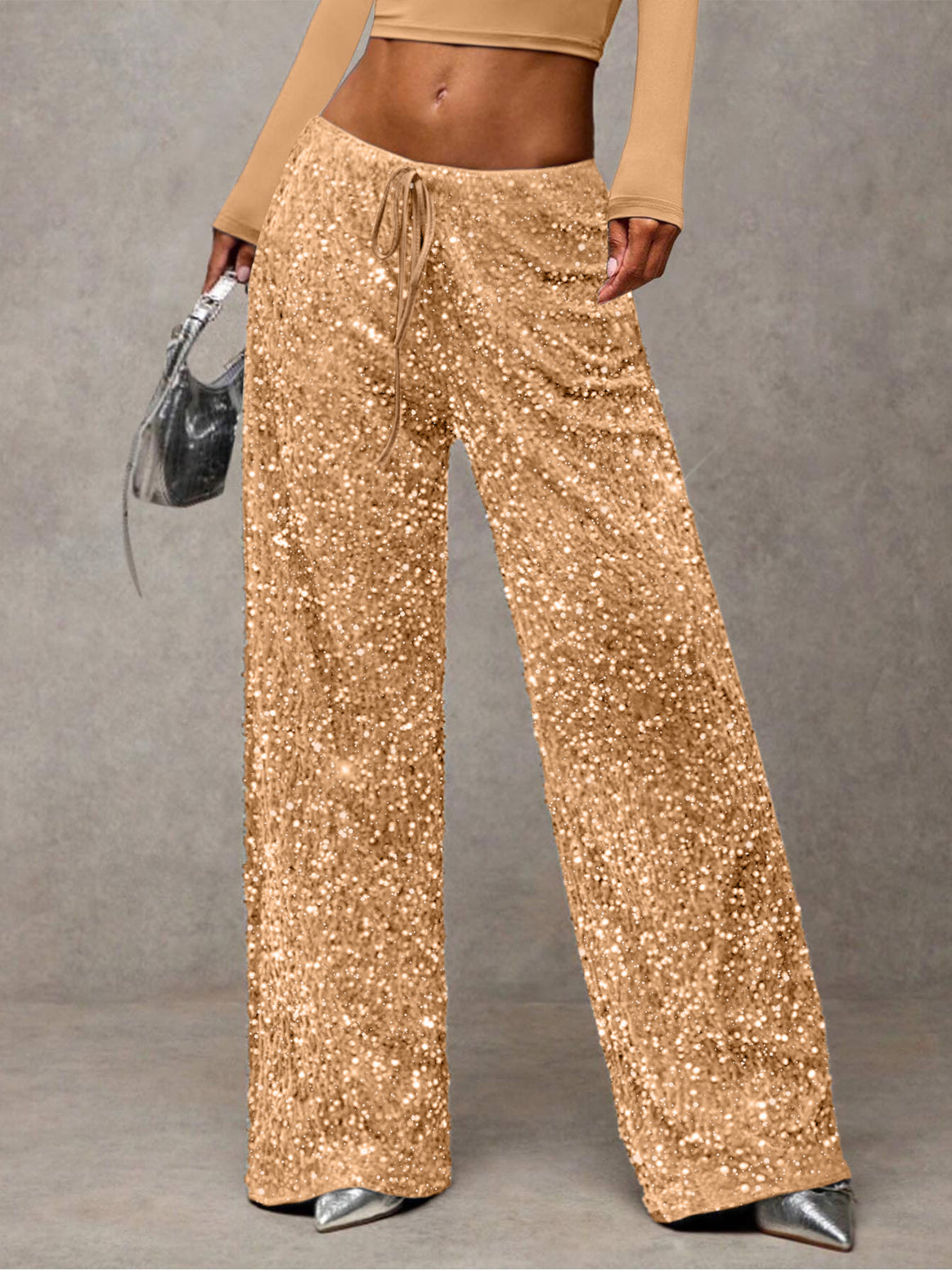 Women Sequin Palazzo Trousers with High Waist and Drawstring Mune Fashion