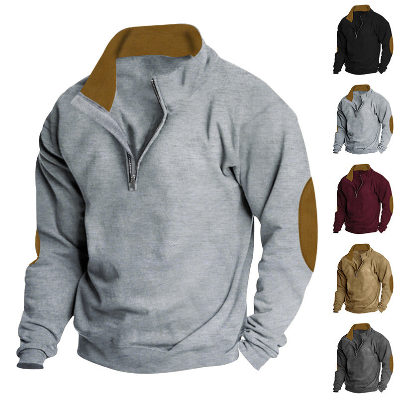 Men's Half-Zip Sweatshirt with Stand-Up Collar, Contrast Collar Lining and Elbow Patches Mune Fashion