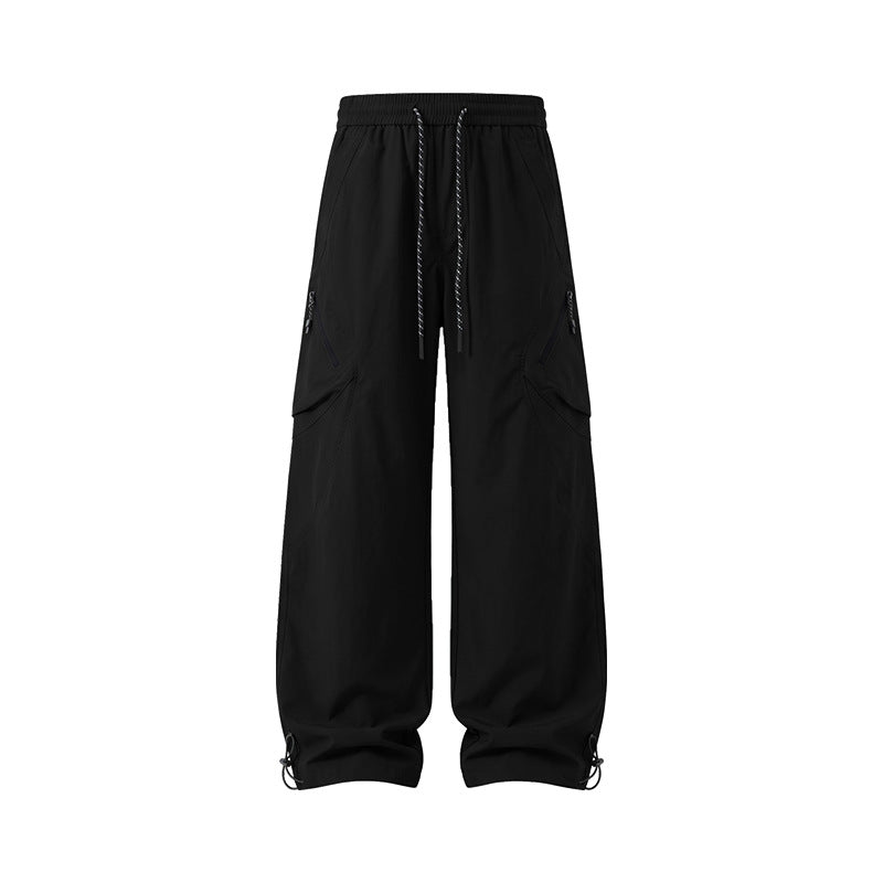 Men's Wide Technical Utility Cargo Pants with Drawstring Waist and Multifunctional Pockets Drune