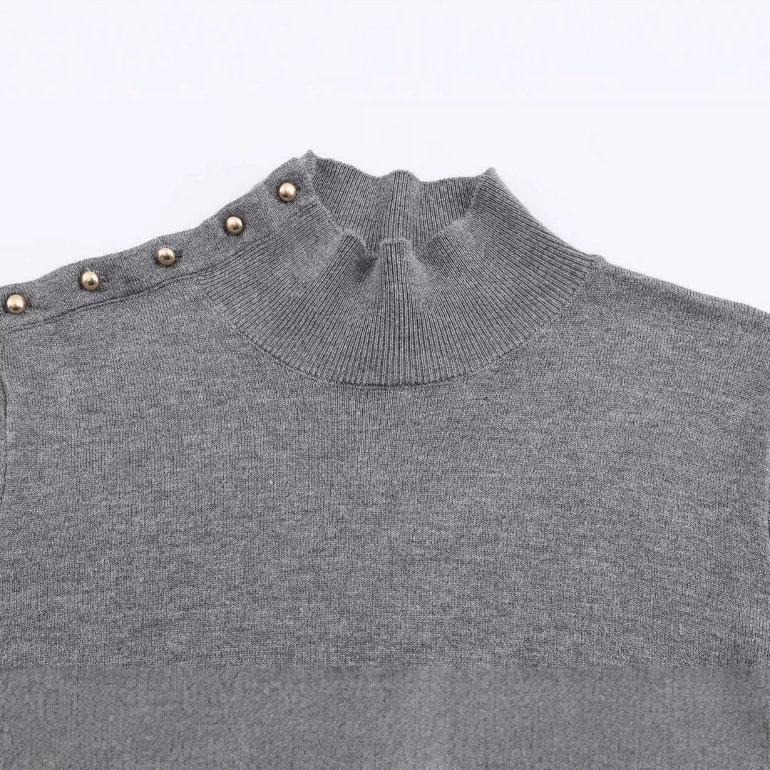 Women's fine knit roll neck with stand-up collar and decorative shoulder button placket Mune Fashion