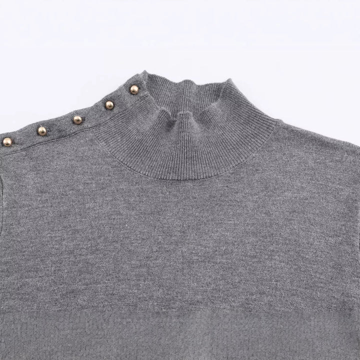 Women's fine knit roll neck with stand-up collar and decorative shoulder button placket Mune Fashion