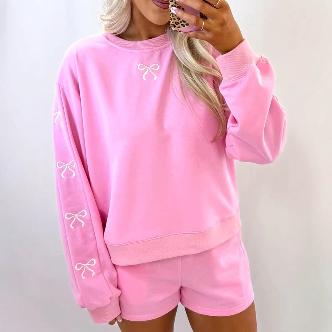 Women's cozy lounge sweat set with shorts and embroidered bows Mune Fashion