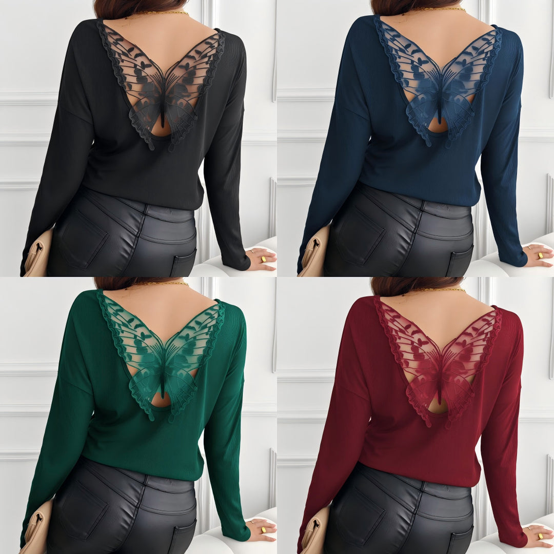 Women's ribbed long-sleeve shirt with decorative butterfly lace neckline Mune Fashion