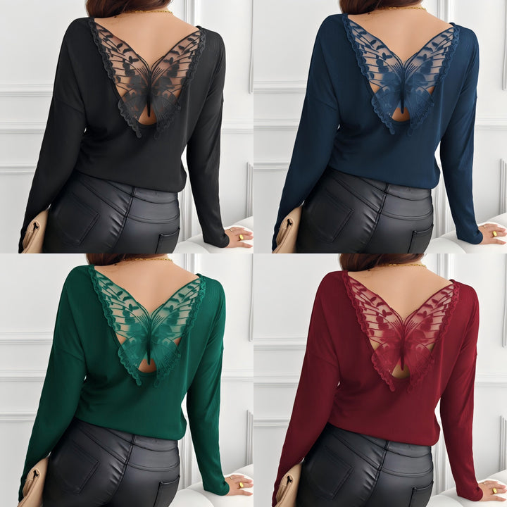 Women's ribbed long-sleeve shirt with decorative butterfly lace neckline Mune Fashion