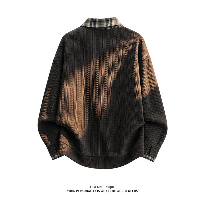 Men's layered look pullover with integrated check shirt collar Mune Fashion
