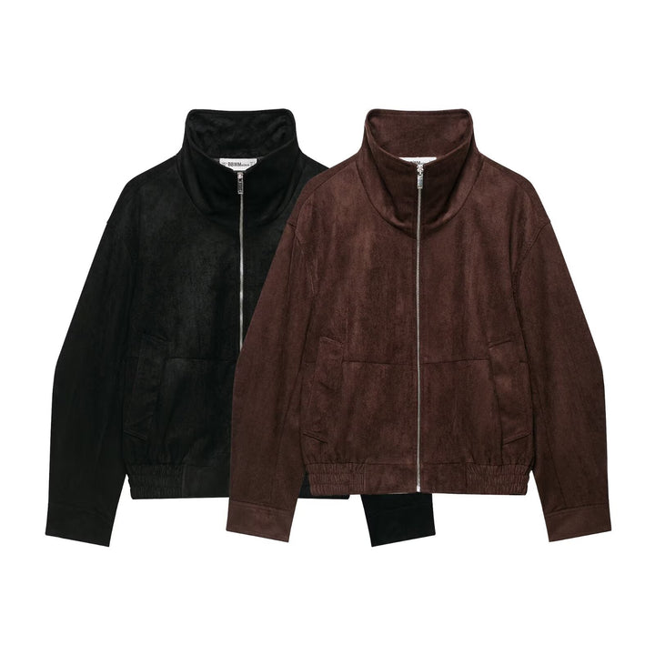 Women's suede look bomber jacket with funnel neck and elastic hem