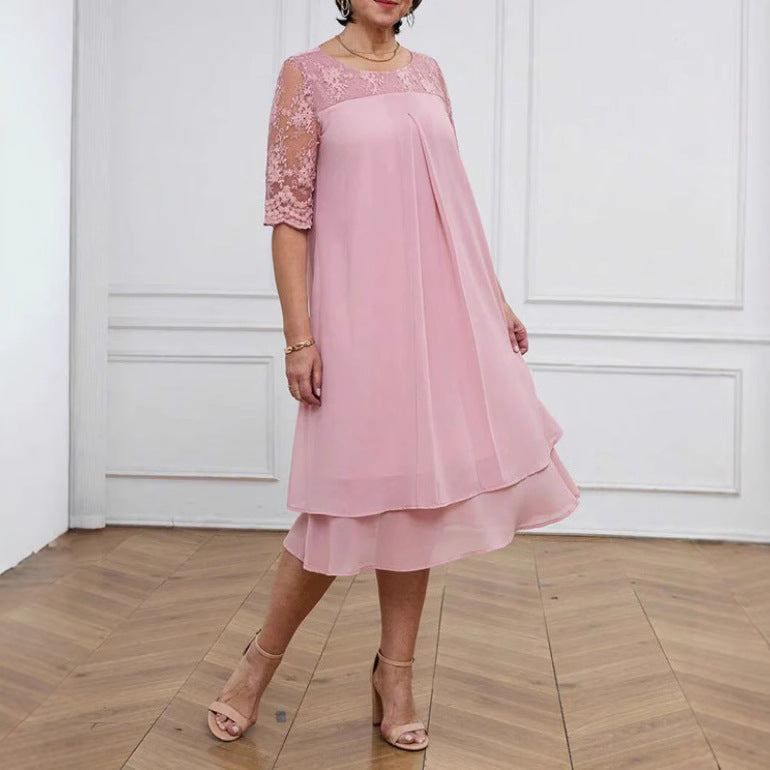 Women's A-line chiffon dress with floral embroidered lace yoke, hidden centre seam pleat, and layered ruffle Mune Fashion