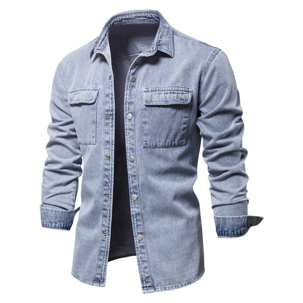 Men's casual jeans overshirt with snap button placket, patch chest pockets, and classic shirt collar Mune Fashion