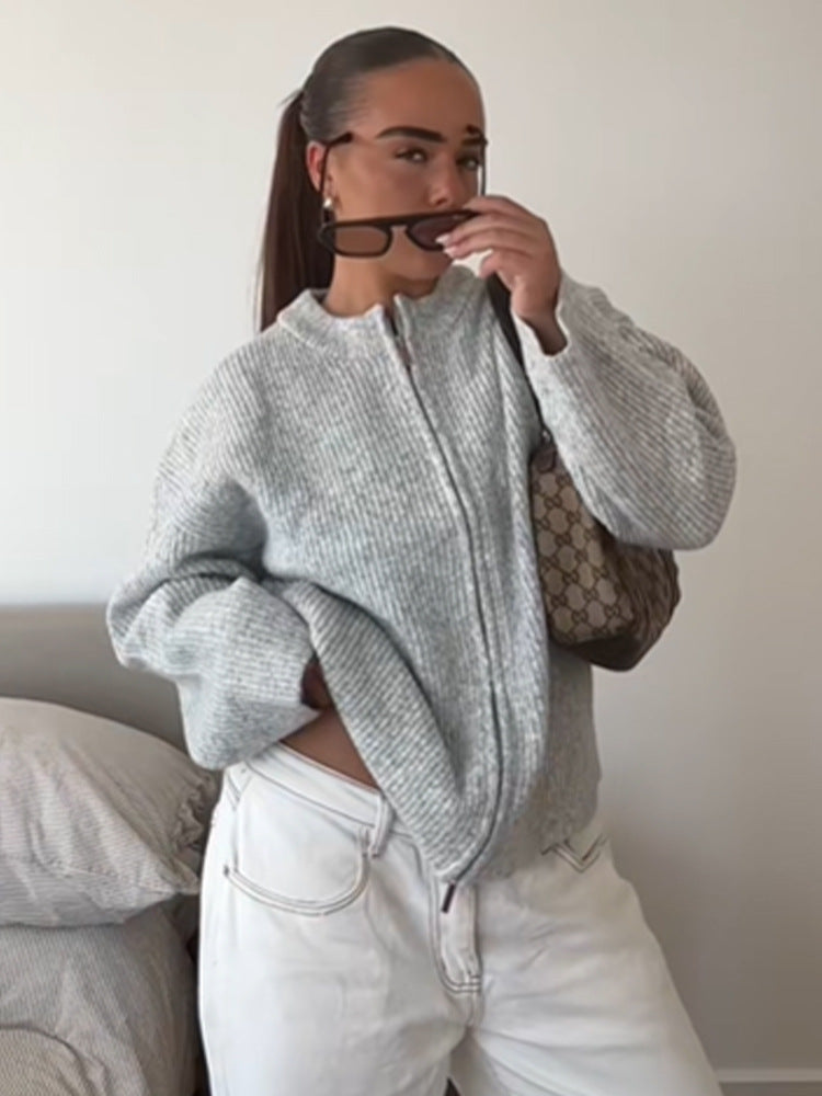 Women's Chunky Knit Zipper Cardigan with Oversized Cut Mune Fashion