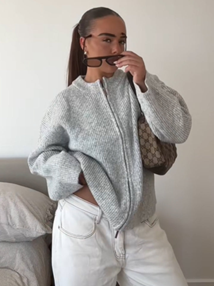 Women's Chunky Knit Zipper Cardigan with Oversized Cut Mune Fashion