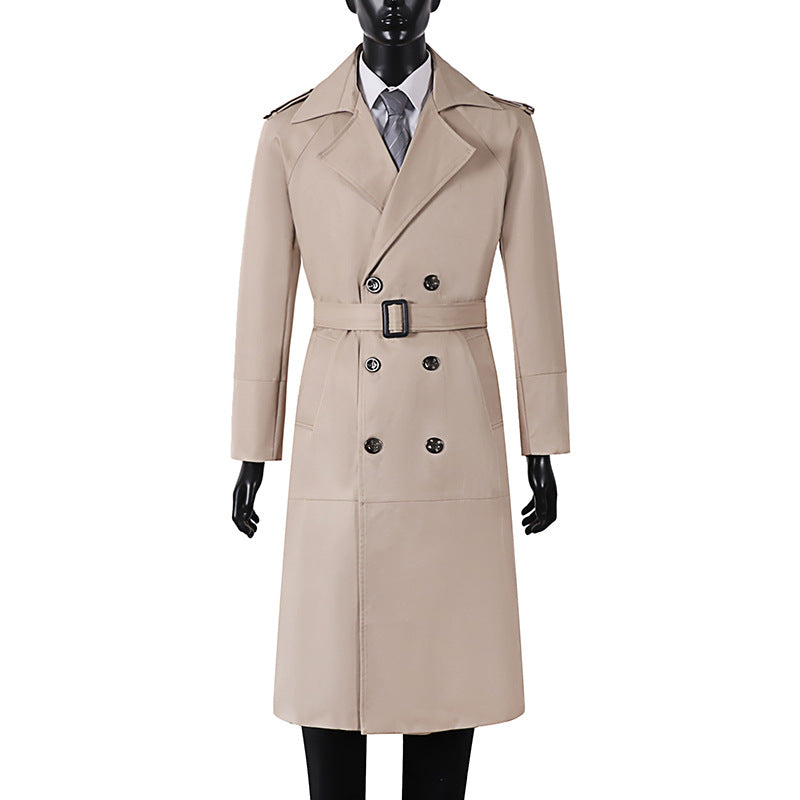 Men's Double-Breasted Trench Coat with Waist Belt and Shoulder Tabs Mune Fashion