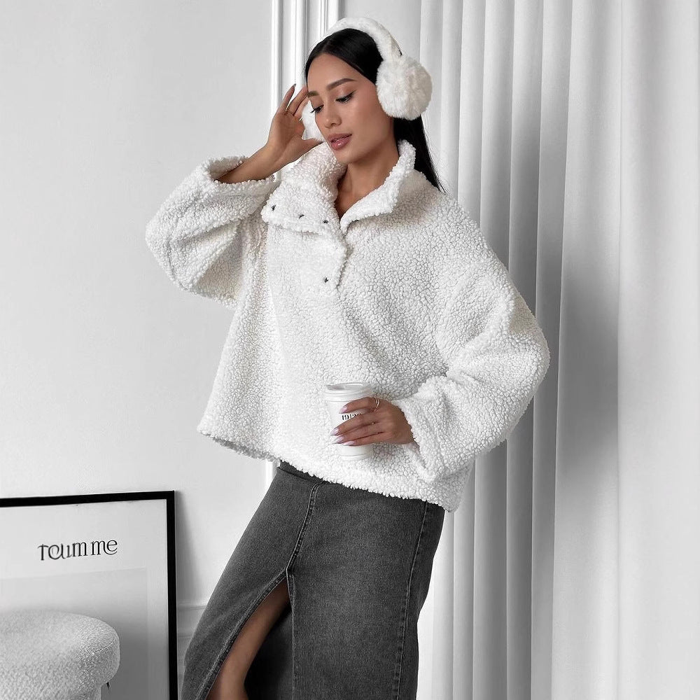 Women Oversized Teddy Sweater with Half Snap Placket and Stand Collar Mune Fashion
