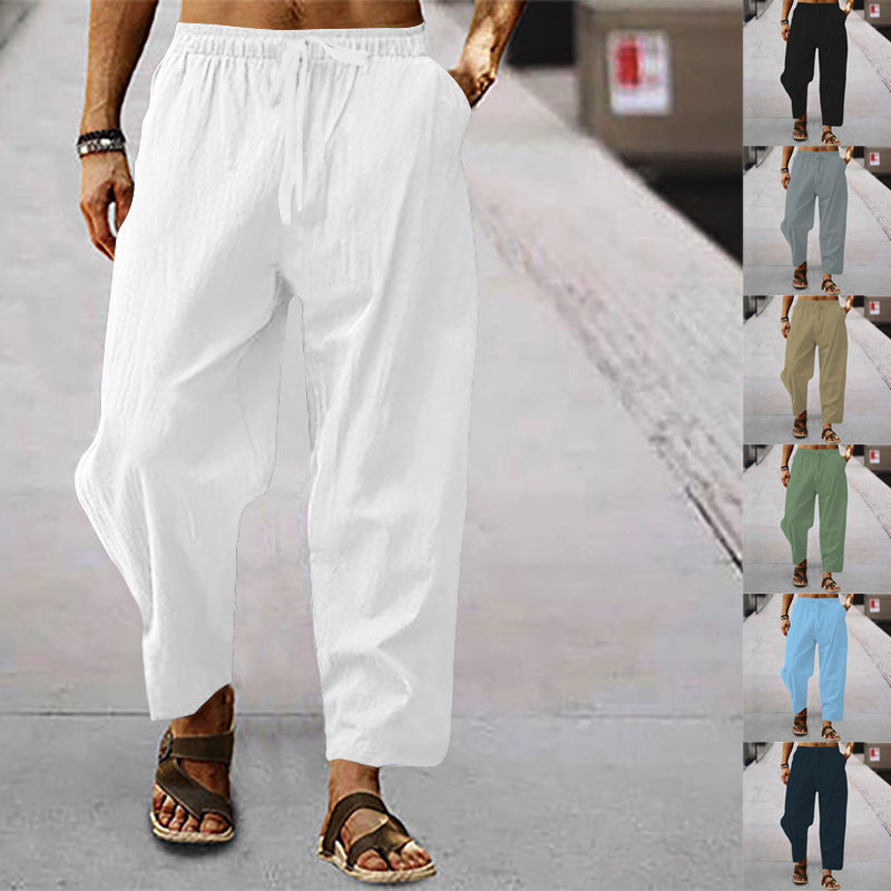 Men's Loose Linen Look Casual Pants with Elastic Waistband, Drawstring and Cropped Leg Mune Fashion