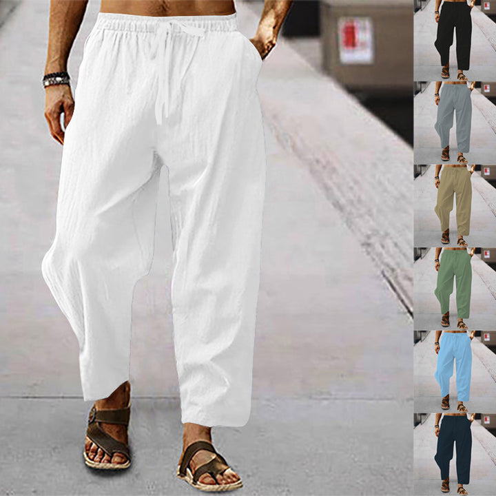 Men's Loose Linen Look Casual Pants with Elastic Waistband, Drawstring and Cropped Leg Mune Fashion