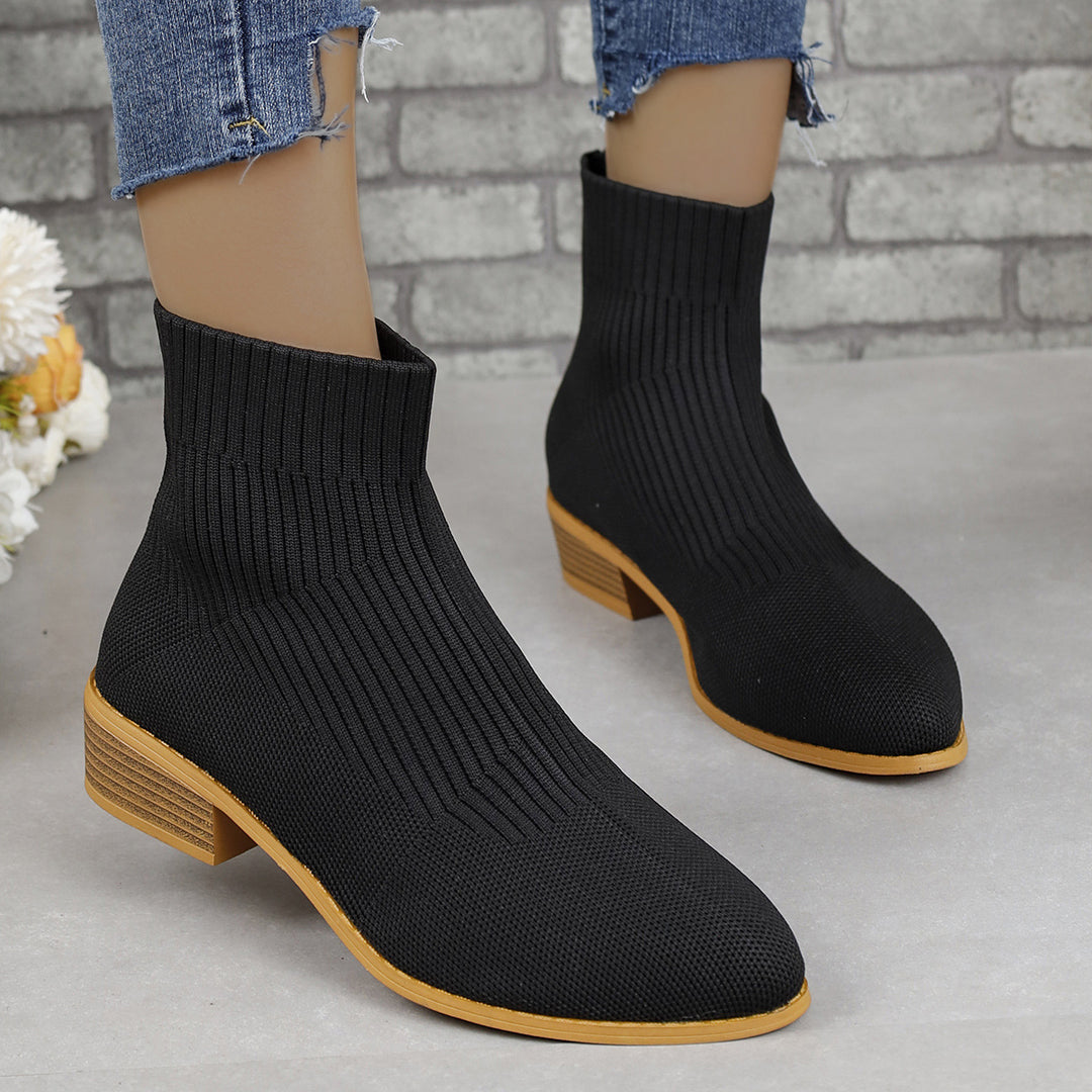 Women's knitted sock ankle boots with elastic shaft and low wooden block heel Mune Fashion