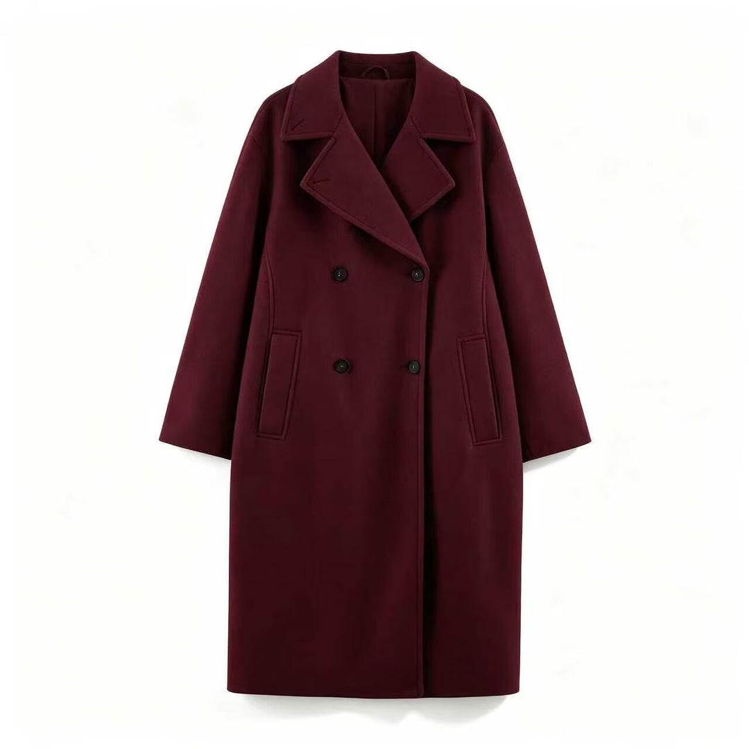 Women Mid-Length Wool Blend Double-Breasted Coat with Wide Lapels and Side Pockets Mune Fashion