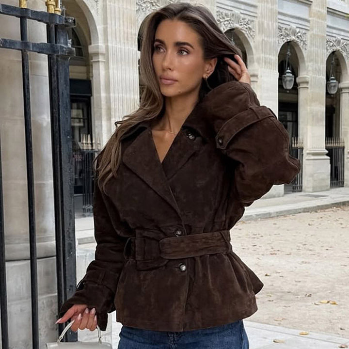 Ladies Fashionable Suede Jacket with Waist Belt and Voluminous Sleeves Mune