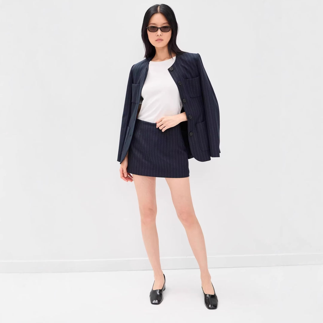 Women Two-Piece Pinstripe Tailoring Set with Collarless Blazer and High-Cut Mini Skirt Mune Fashion