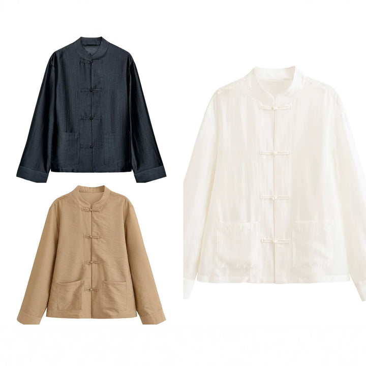 Women loosely cut jacket with mandarin collar and knot closures Mune Fashion