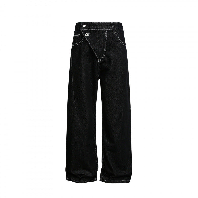Women's Wide High-Waist Denim Jeans with Asymmetric Button Placket and Contrast Stitching Mune Fashion