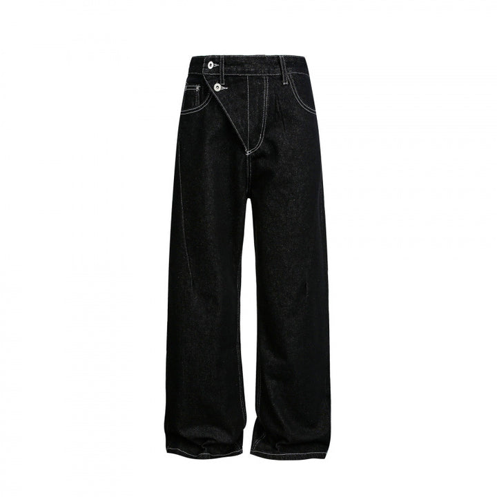 Women's Wide High-Waist Denim Jeans with Asymmetric Button Placket and Contrast Stitching Mune Fashion