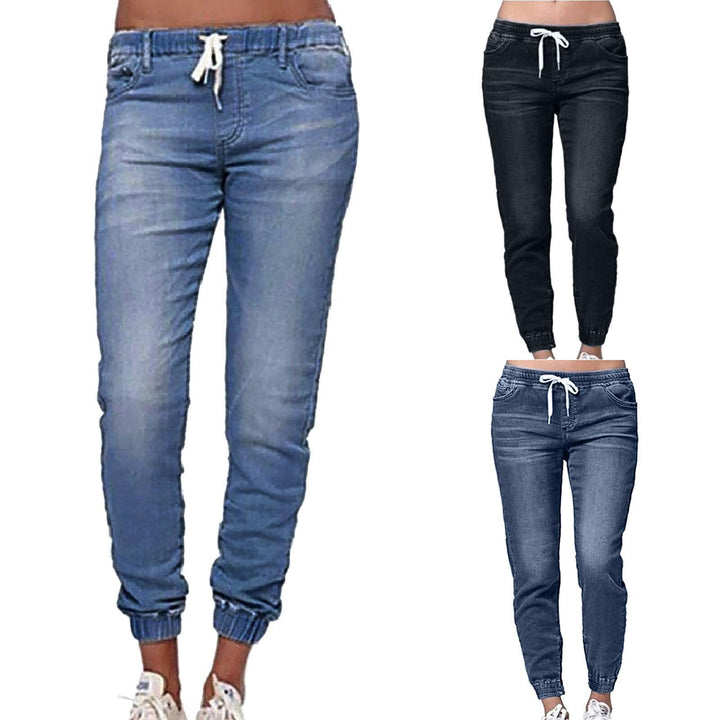 Women's narrow-cut denim joggers with elastic waistband, drawstring, and elastic leg cuffs Mune Fashion
