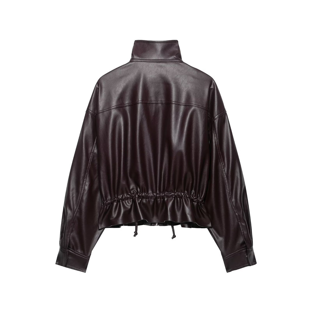 Women's cropped faux leather bomber jacket with drawstring waist Mune Fashion