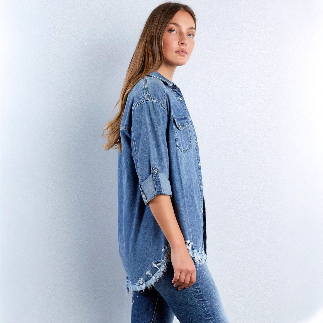 Women's casual denim shirt jacket oversized with patch chest pockets, heart embroidery detail, and frayed hem Mune Fashion
