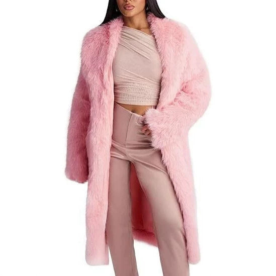 Women's Elegant Maxi Faux Fur Coat with Wide Shawl Collar and Straight Cut Mune Fashion