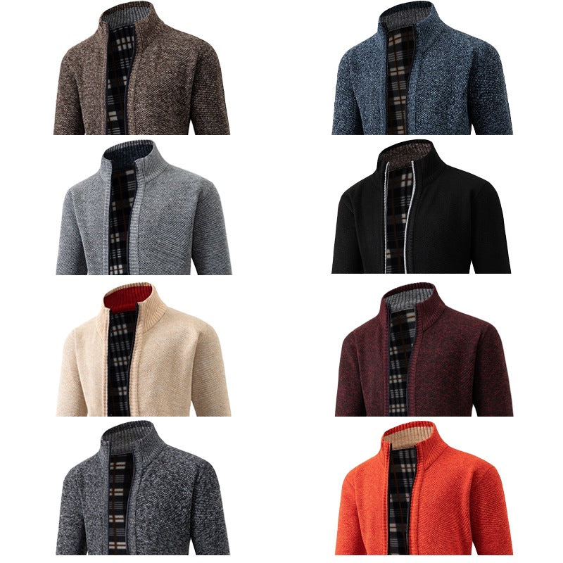 Men's Structured Zip Cardigan with Check Fleece Lining and Stand-Up Collar Mune Fashion