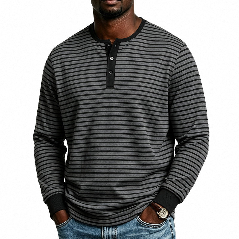 Men Striped Long Sleeve Henley Shirt Made of Cotton Blend with Button Placket Mune Fashion
