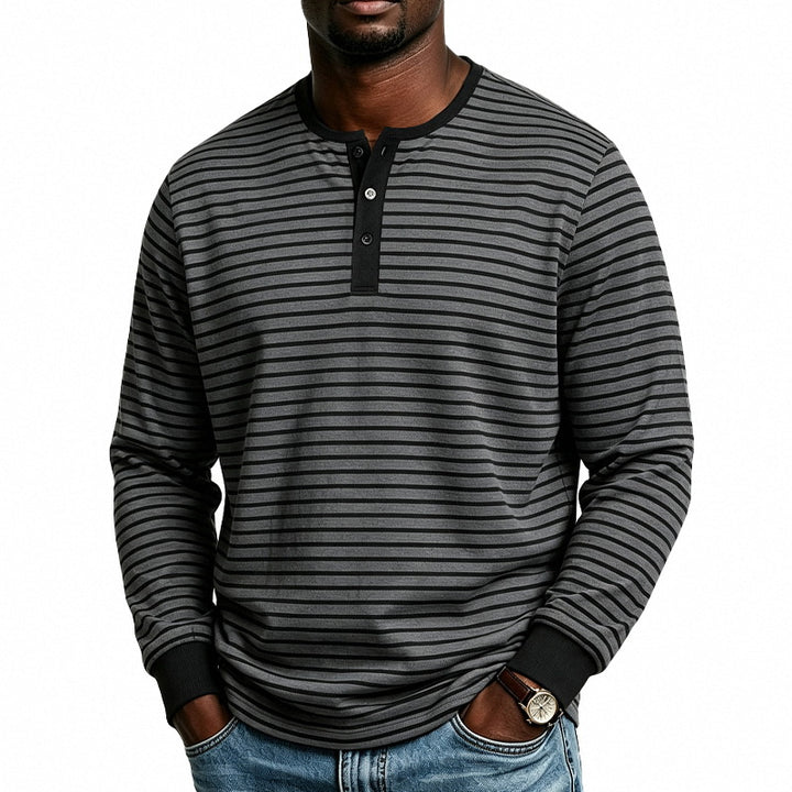 Men Striped Long Sleeve Henley Shirt Made of Cotton Blend with Button Placket Mune Fashion