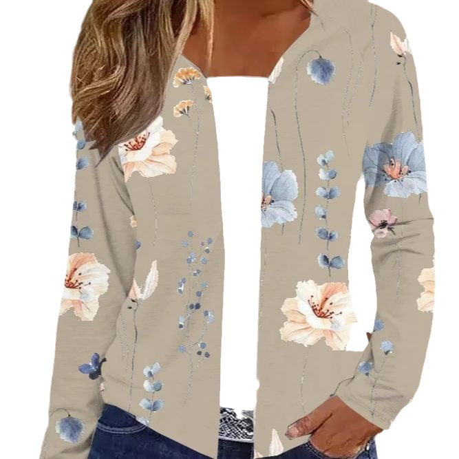 Ladies Lightweight Open Knit Cardigan with Floral Watercolor Print and Casual Fall Mune Fashion