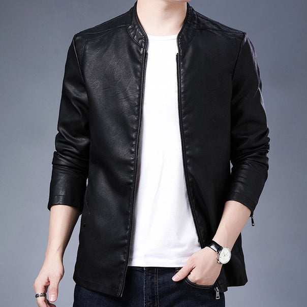 Men's slim-fit faux leather flight jacket with stand-up collar and zipper closure Mune Fashion