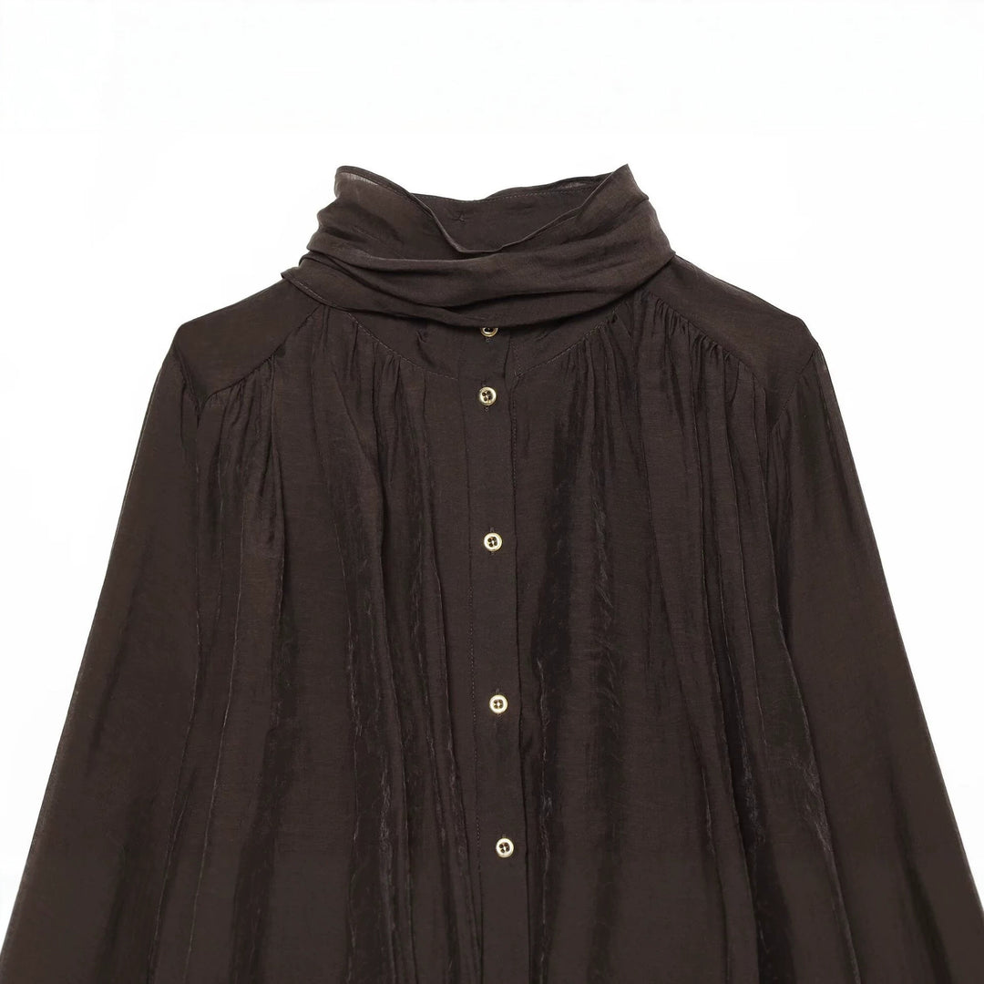 Women Transparent Blouse with Draped Tube Collar, Button Placket and Balloon Sleeves Mune Fashion