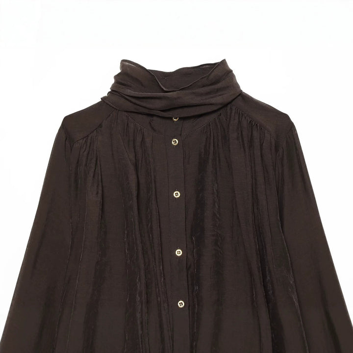Women Transparent Blouse with Draped Tube Collar, Button Placket and Balloon Sleeves Mune Fashion