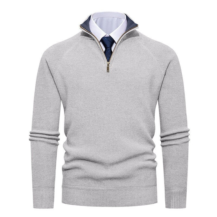 Men's fine knit pullover with half zip, structured ribbed look and inside contrasted standing collar Mune Fashion