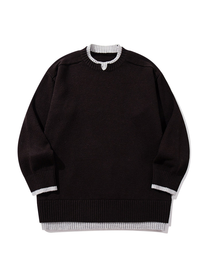 Ladies Oversize Knit Sweater with Contrasting Ribbed Collar and Extended Hem Mune Fashion