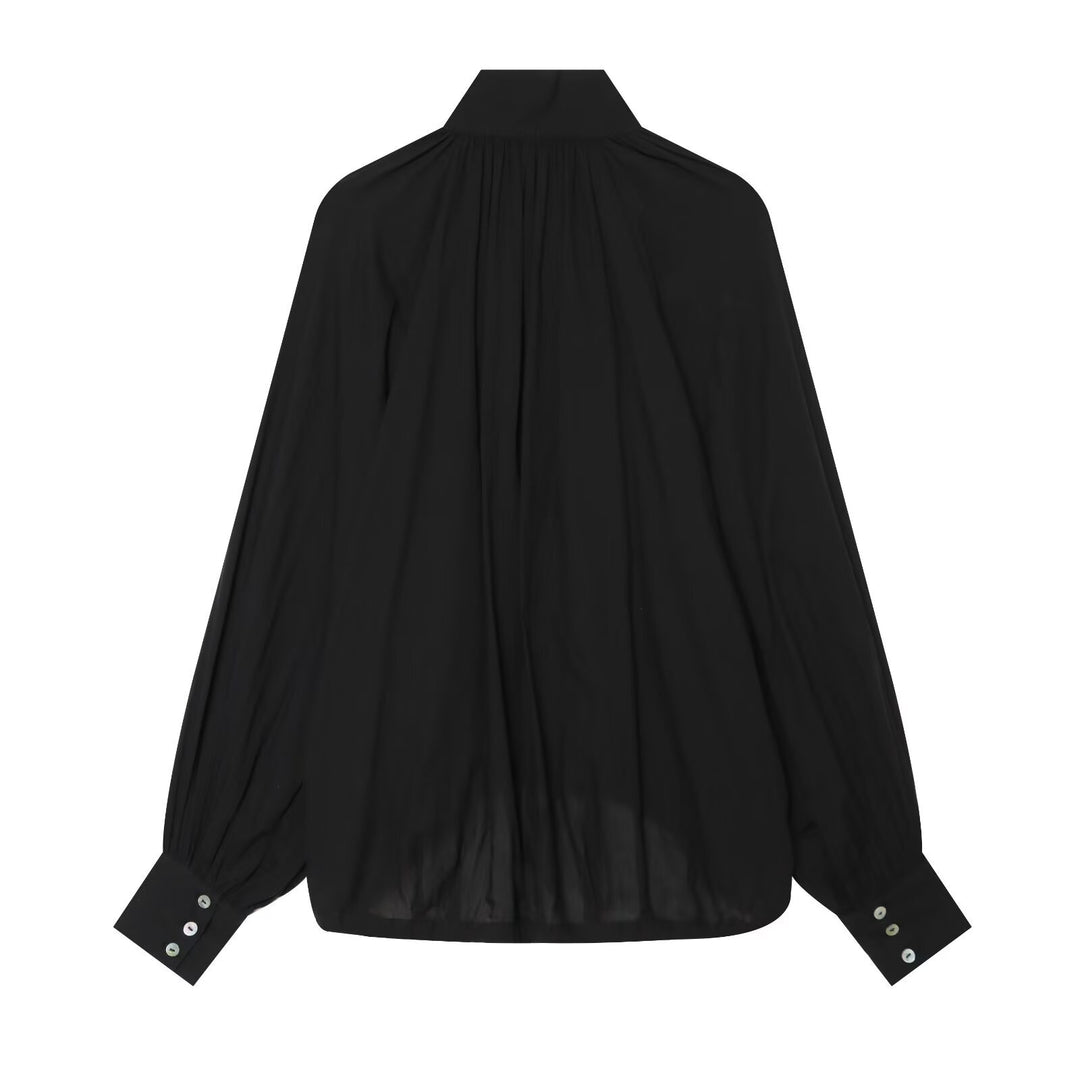 Women Voluminous Blouse with Stand-Up Collar, Ruffles and Drawstring Mune Fashion