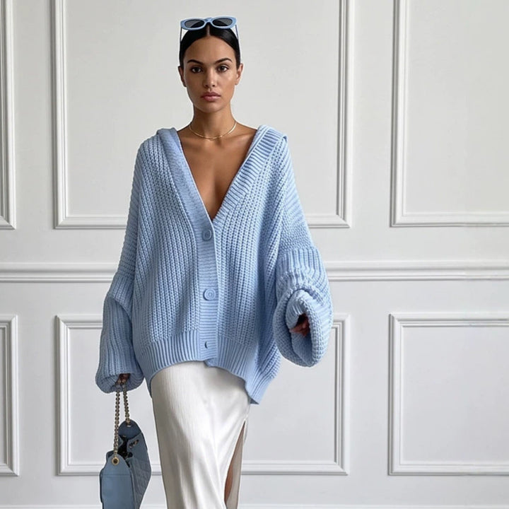 Women's Oversized Hooded Knit Cardigan with Balloon Sleeves and Button Placket Mune Fashion