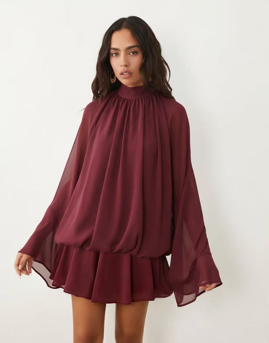 Women's chiffon mini dress with gathered blouse tunic, stand-up collar, and flounce skirt Mune Fashion