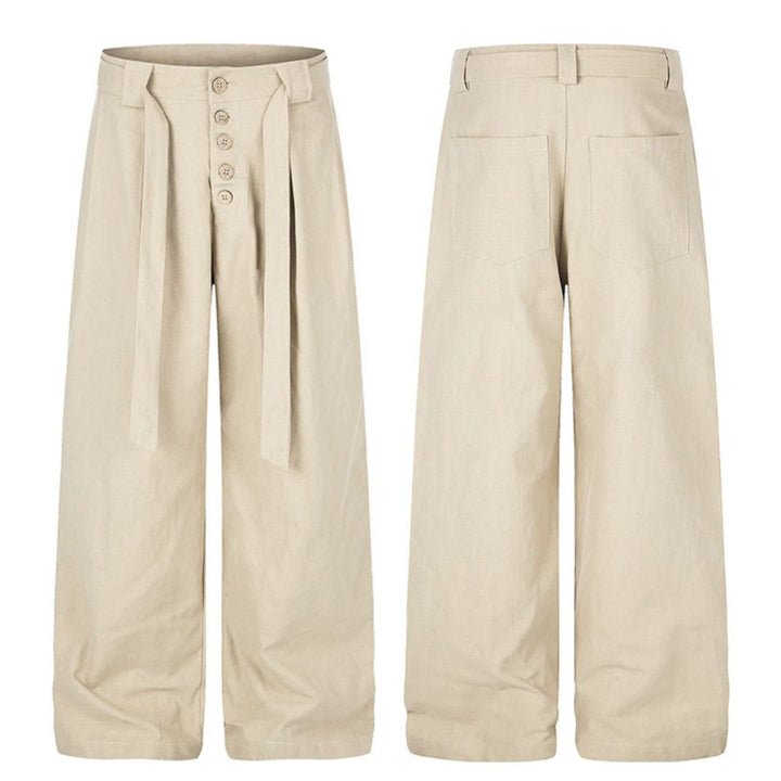 Women's High-Cut Linen Wide-Leg Trousers with Button Placket, Ties and Pleats