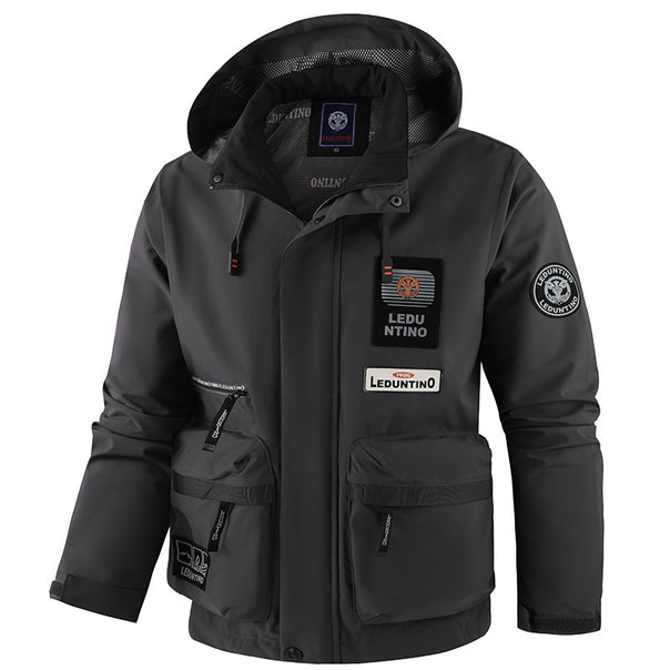 Men's nano technical field jacket with hood and multifunctional pockets, water-repellent softshell fabric