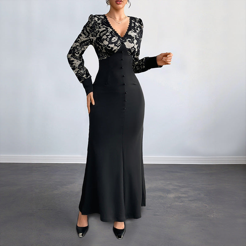 Women Figure-hugging Maxi Dress with Lace Top, V-Neck and Decorative Button Placket Mune Fashion