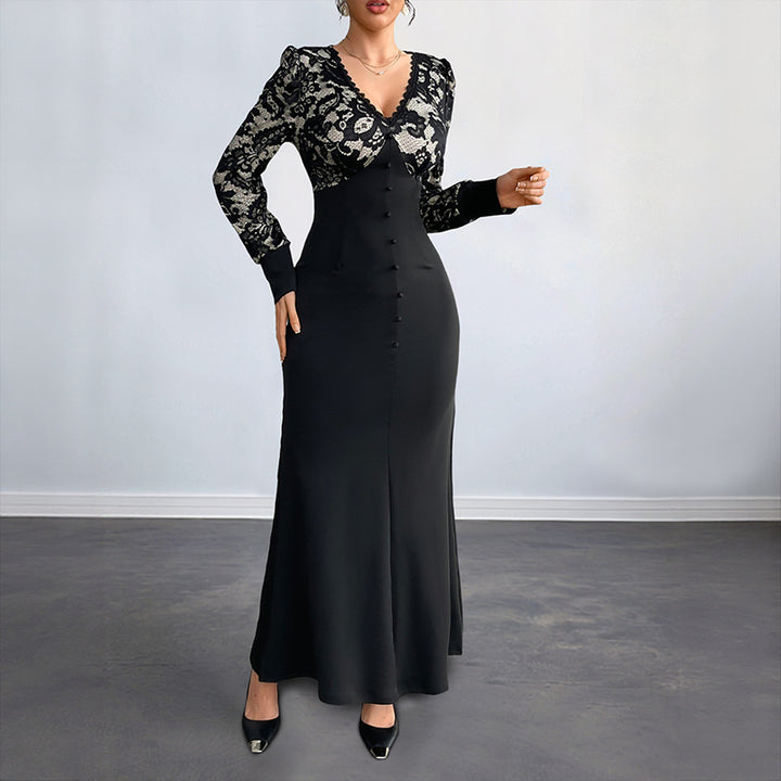 Women Figure-hugging Maxi Dress with Lace Top, V-Neck and Decorative Button Placket Mune Fashion
