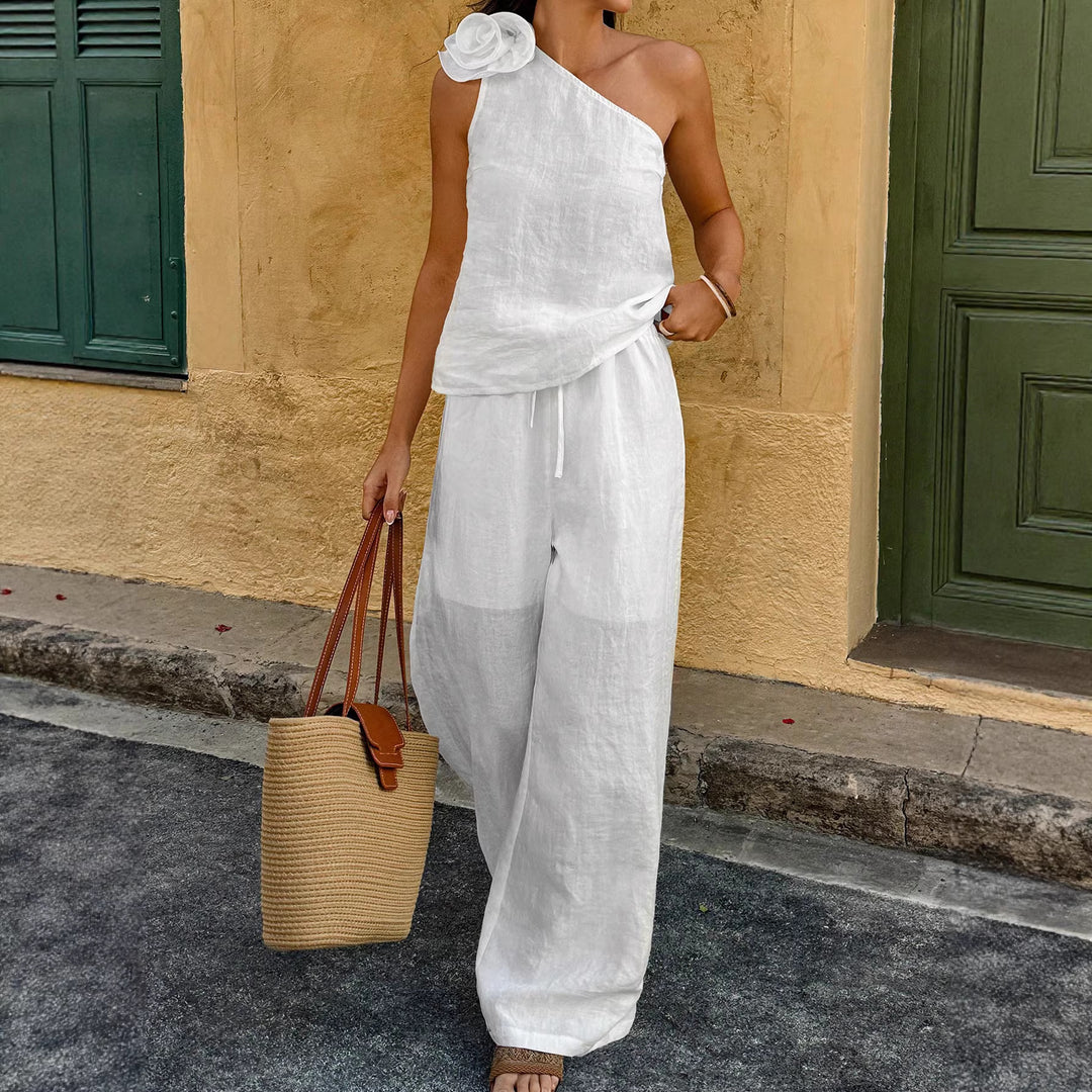 Women One-Shoulder Linen Jumpsuit with Decorative Rosette and Wide Leg Mune Fashion